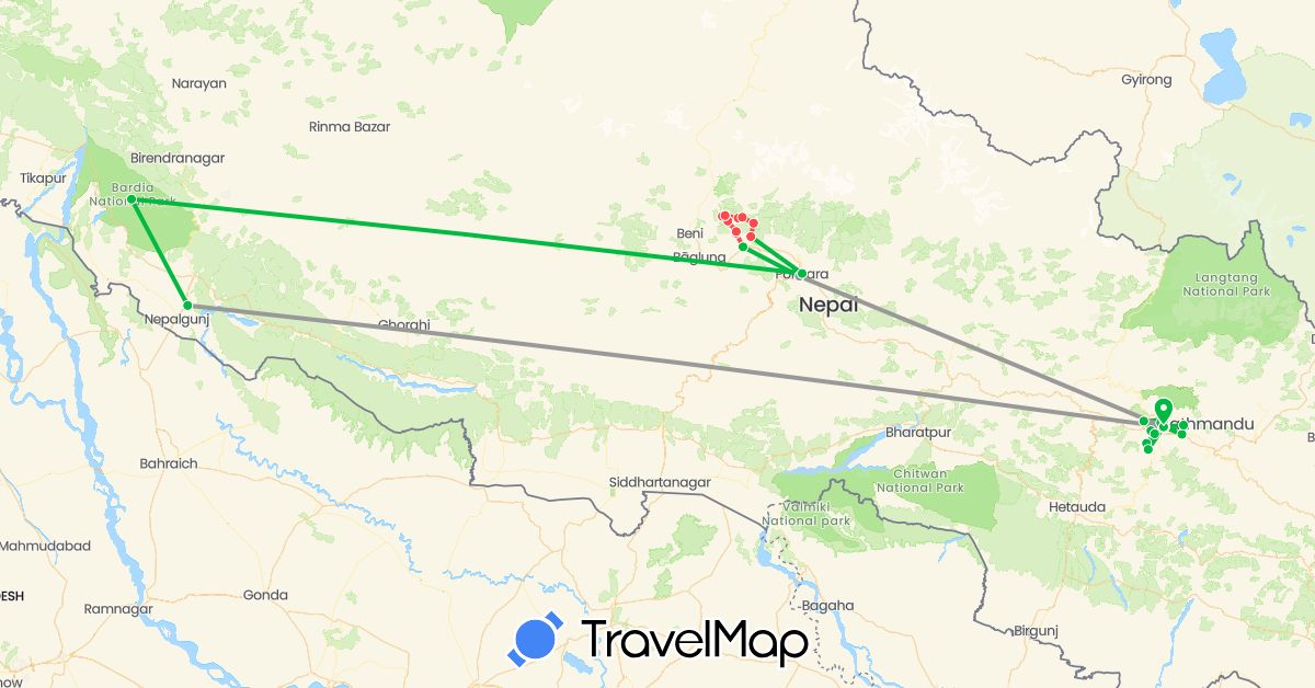 TravelMap itinerary: bus, plane, hiking in Nepal (Asia)